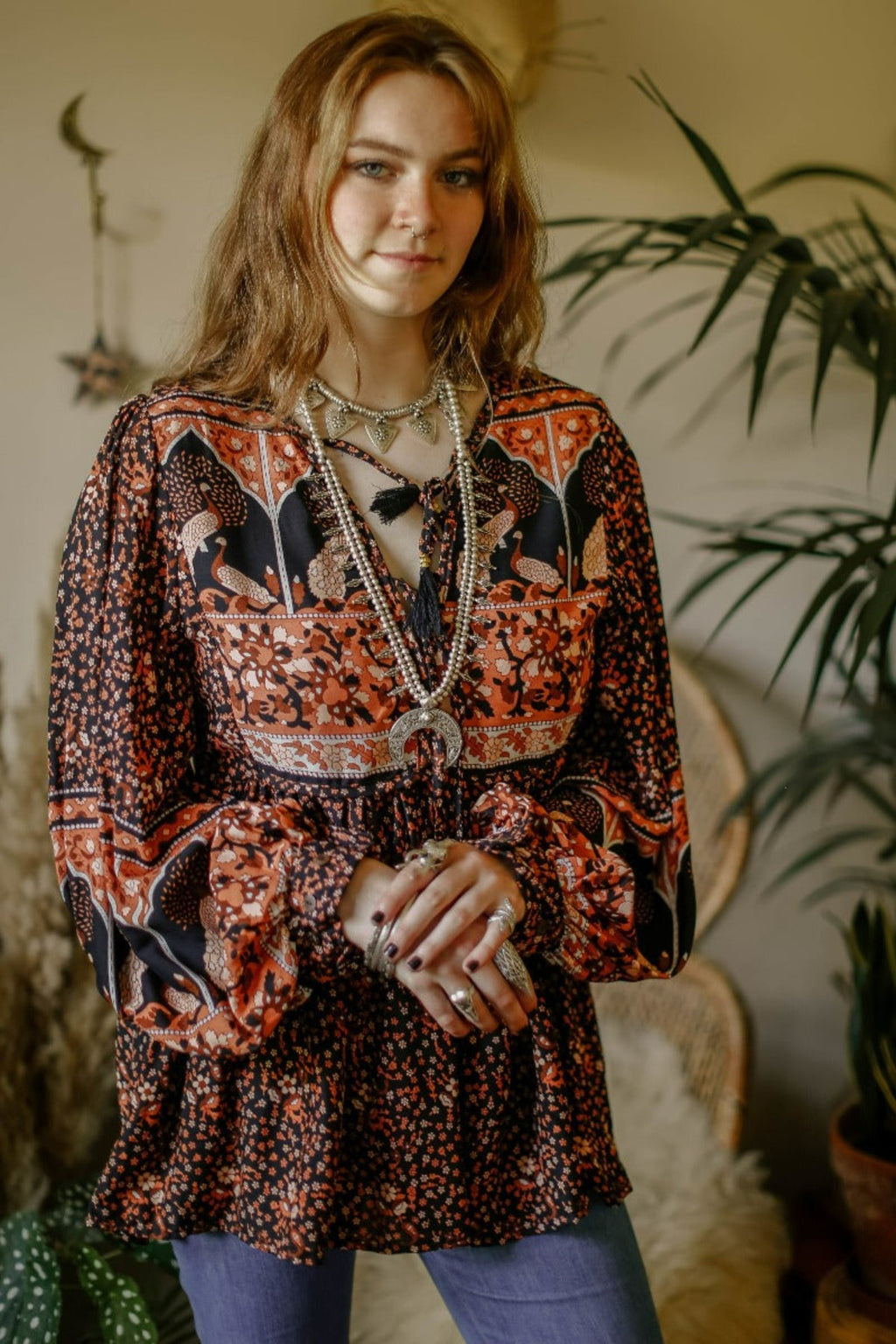 Peacock Prairie Bohemian Smock Top - Jet Black & Terracotta Rayon - ALL SIZES by All About Audrey