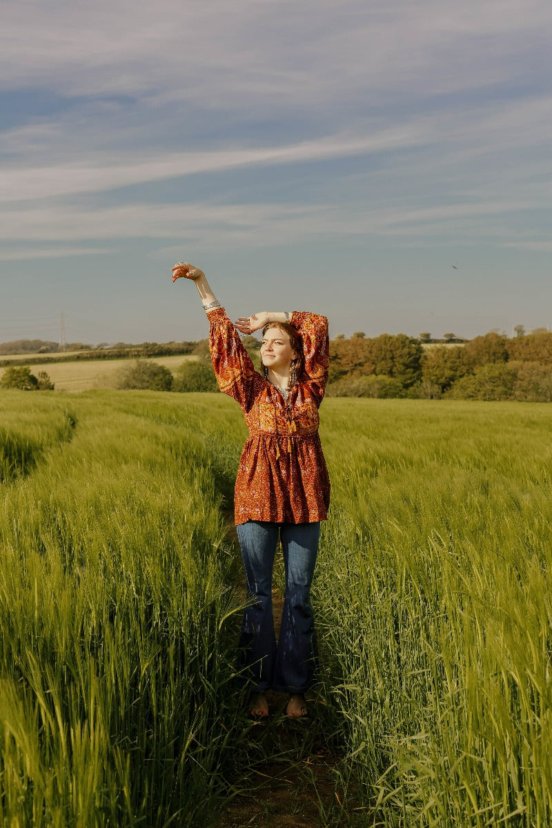Peacock Prairie Bohemian Smock Top - Gingerbread Rayon - ALL SIZES by All About Audrey