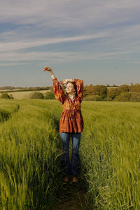 Peacock Prairie Bohemian Smock Top - Gingerbread Rayon - ALL SIZES by All About Audrey