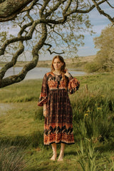 Peacock Primrose Bohemian Smock Midi Dress - Jet Black & Terracotta Rayon - ALL SIZES by All About Audrey