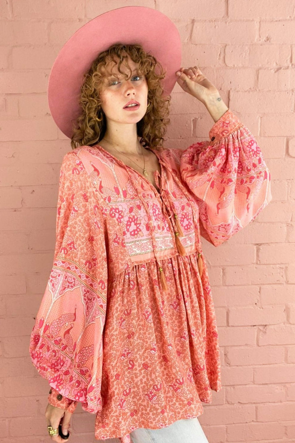 Peacock Prairie Bohemian Smock Top - Peachy Rose Rayon - ALL SIZES by All About Audrey