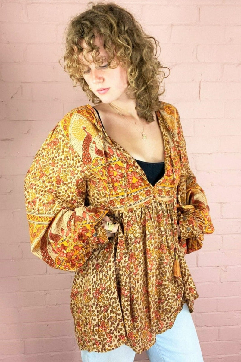 Peacock Prairie Boho Smock Top - Tan & Turmeric Rayon - ALL SIZES by All About Audrey