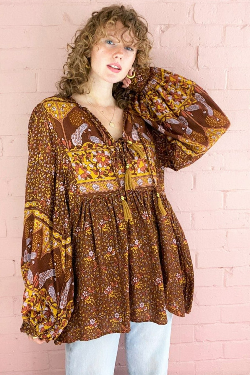 Peacock Prairie Bohemian Smock Top - Gingerbread Rayon - ALL SIZES by All About Audrey