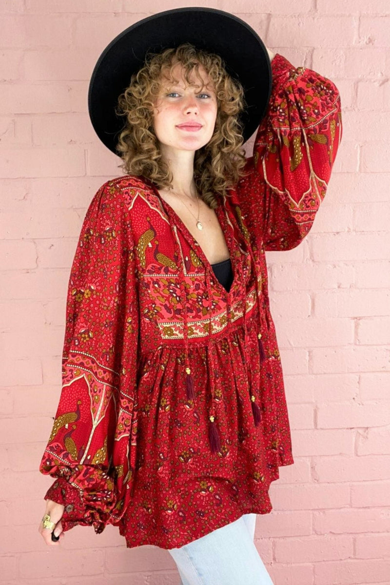 Peacock Prairie Boho Smock Top - Berry Red Rayon - ALL SIZES by All About Audrey