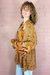 Peacock Prairie Boho Smock Top - Tan & Turmeric Rayon - ALL SIZES by All About Audrey