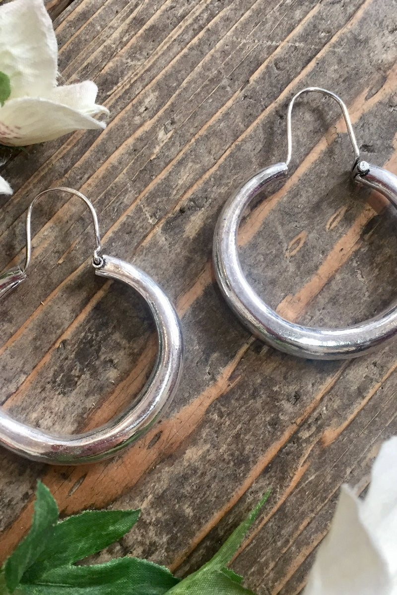 laid flat medium silver painted thin hoops from our collection of vintage inspired bohemian jewellery and accessories by all about audrey