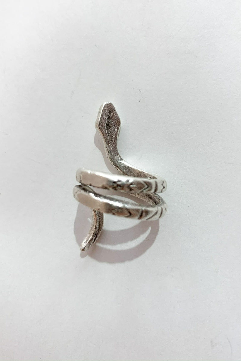 back silver plated coiled snake ring from our collection of bohemian turkish jewellery by all about audrey