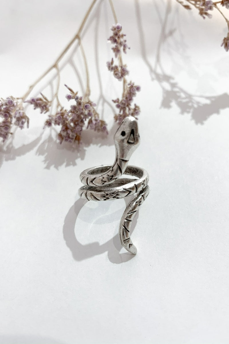front silver plated coiled snake ring from our collection of bohemian turkish jewellery by all about audrey