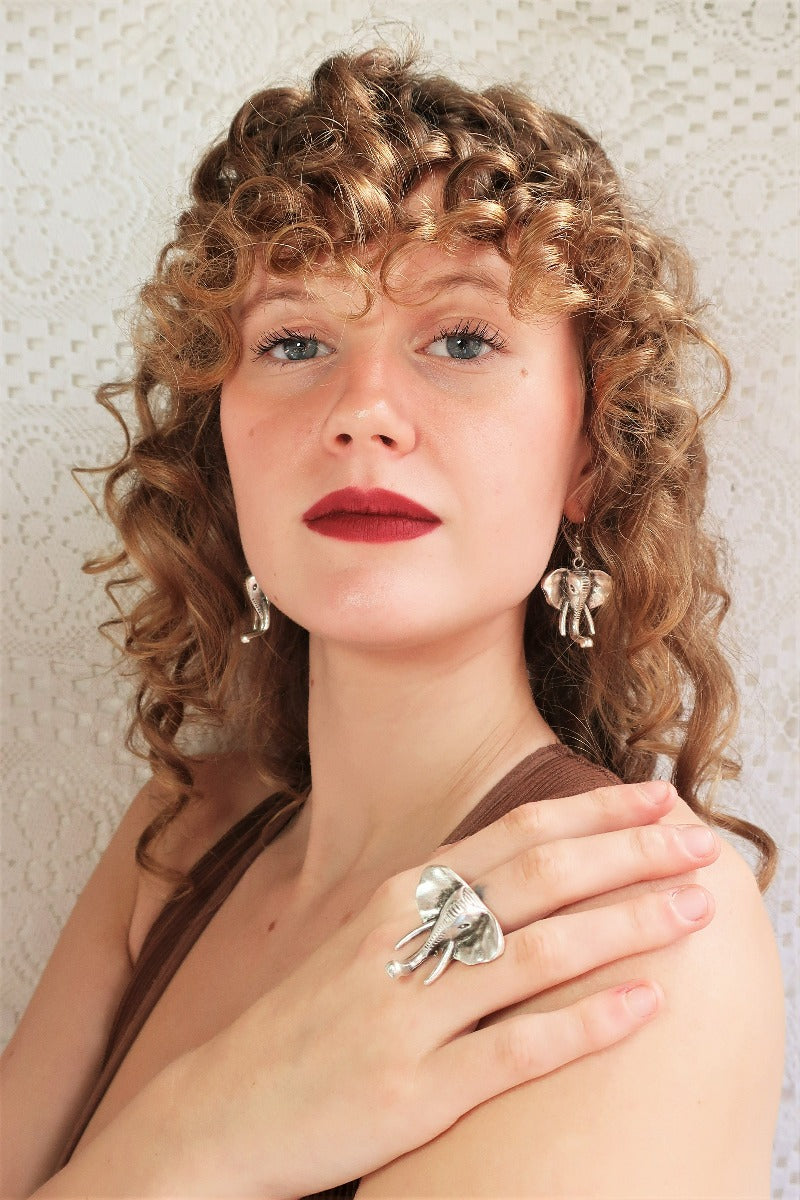 model wears silver plated chunky elephant ring and matching earrings from our bohemian turkish jewellery collection by all about audrey