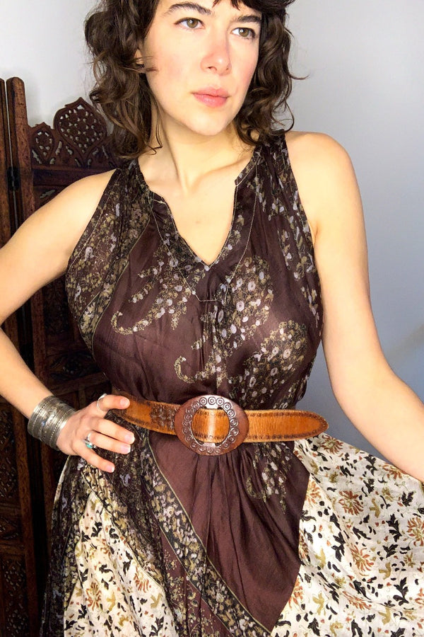 Siren Maxi Dress - Bronze Brown & Diamond White Floral - Vintage Indian Silk - XS-M by all about audrey