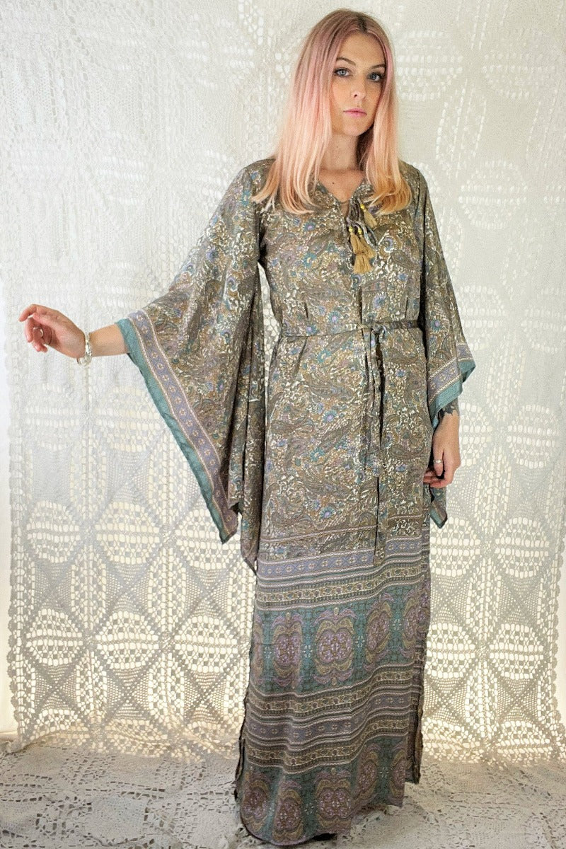 Cassidy Maxi Dress in Mirage Blue bohemian 1970s style kaftan dresses by all about audrey