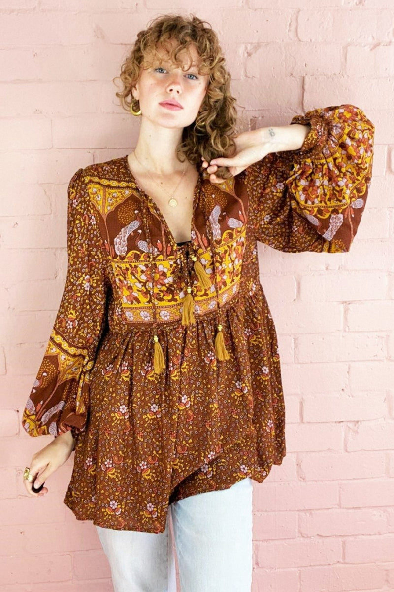 Peacock Prairie Bohemian Smock Top - Gingerbread Rayon - ALL SIZES by All About Audrey