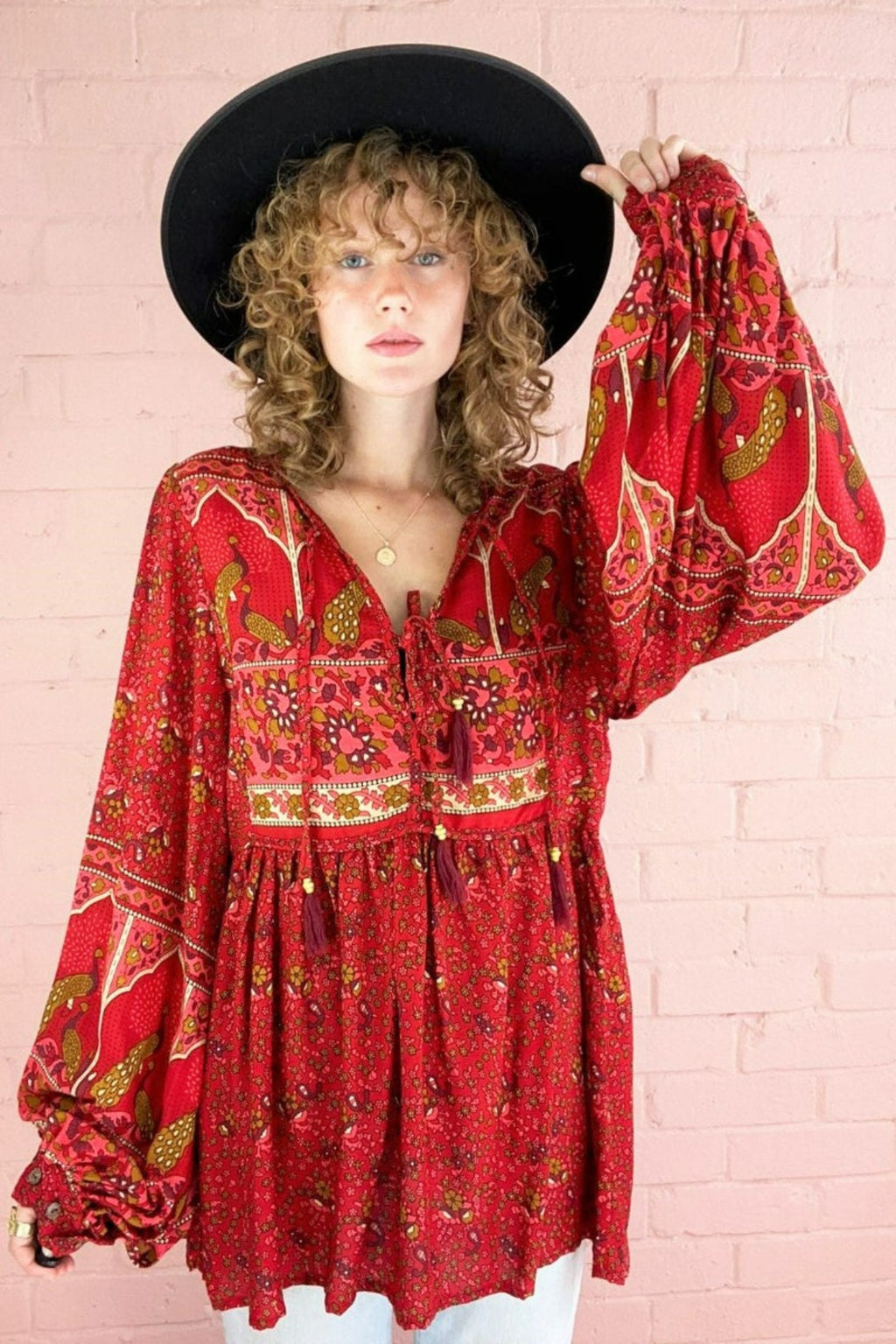 Peacock Prairie Boho Smock Top - Berry Red Rayon - ALL SIZES by All About Audrey