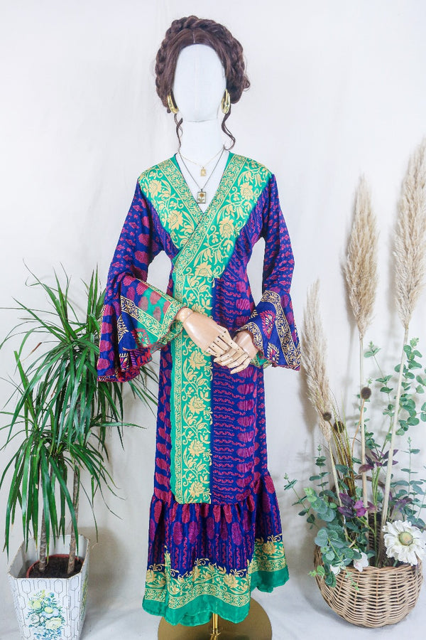 Sylvia Wrap Dress - Lucky Emerald and Navy Dusk Motif  - Vintage Sari - Size L/XL