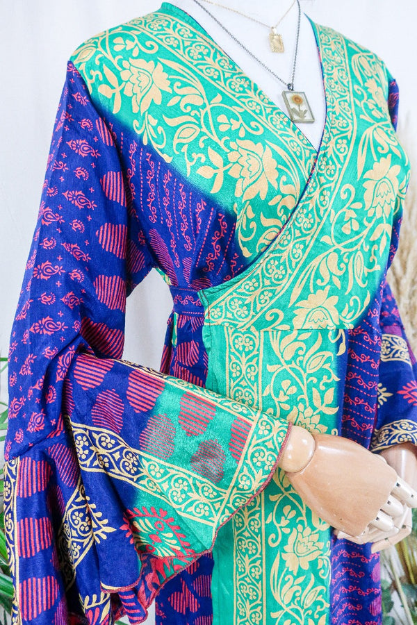 Sylvia Wrap Dress - Lucky Emerald and Navy Dusk Motif  - Vintage Sari - Size L/XL