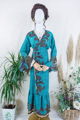 Sylvia Wrap Dress - Teal and Mustard Abstract Leaf  - Vintage Sari - Size L/XL