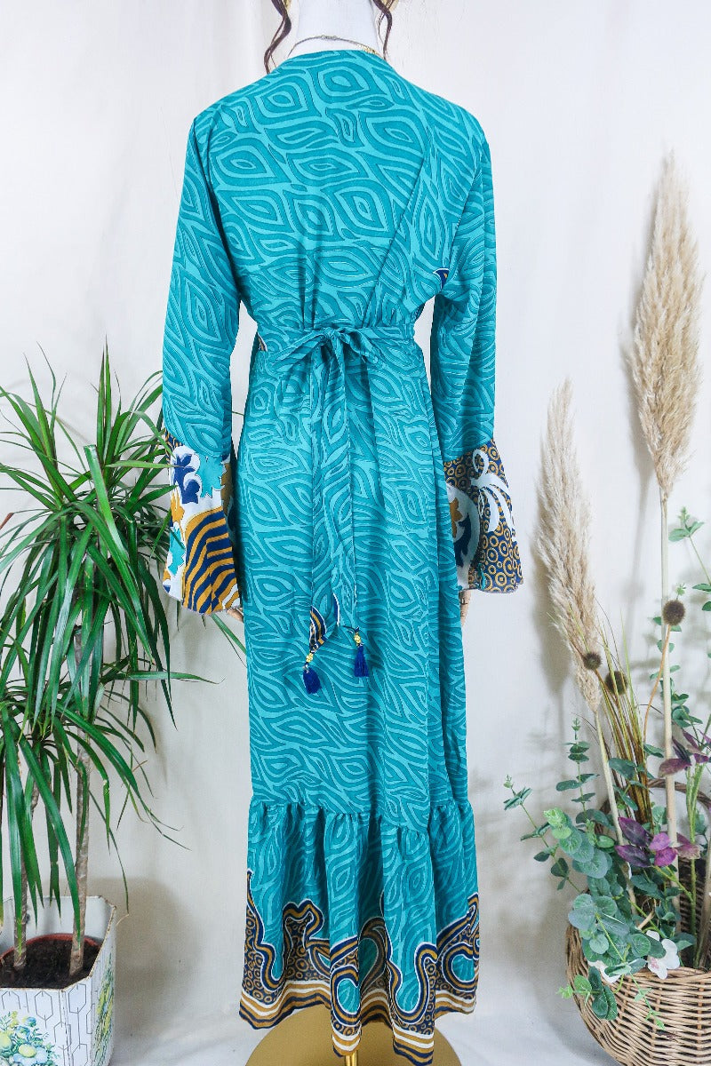 Sylvia Wrap Dress - Teal and Mustard Abstract Leaf  - Vintage Sari - Size L/XL