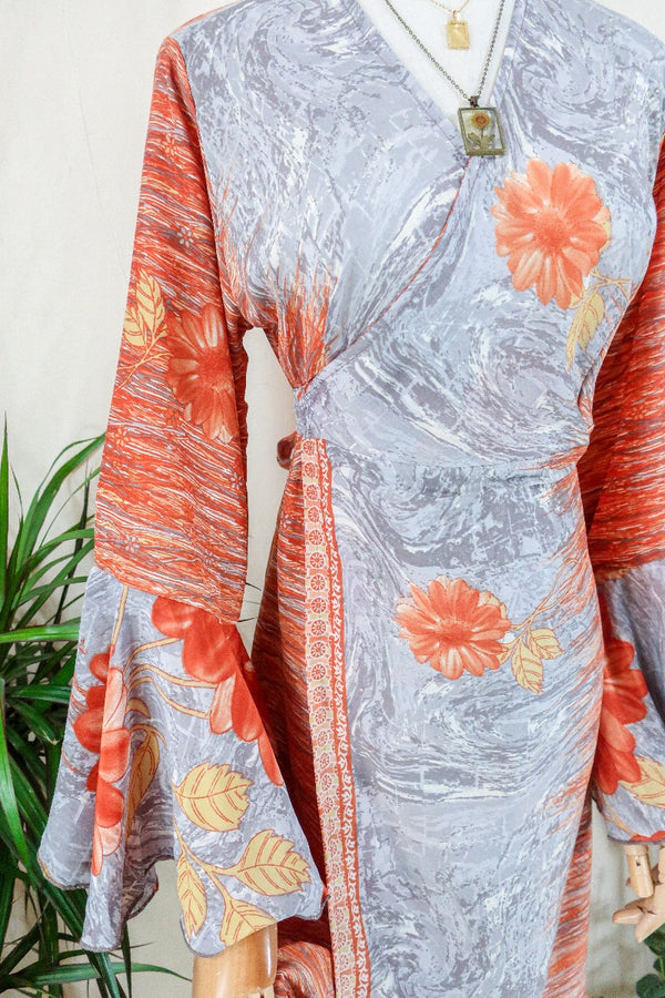 Sylvia Wrap Dress - Peach Marble Flora  - Vintage Sari - Size L/XL
