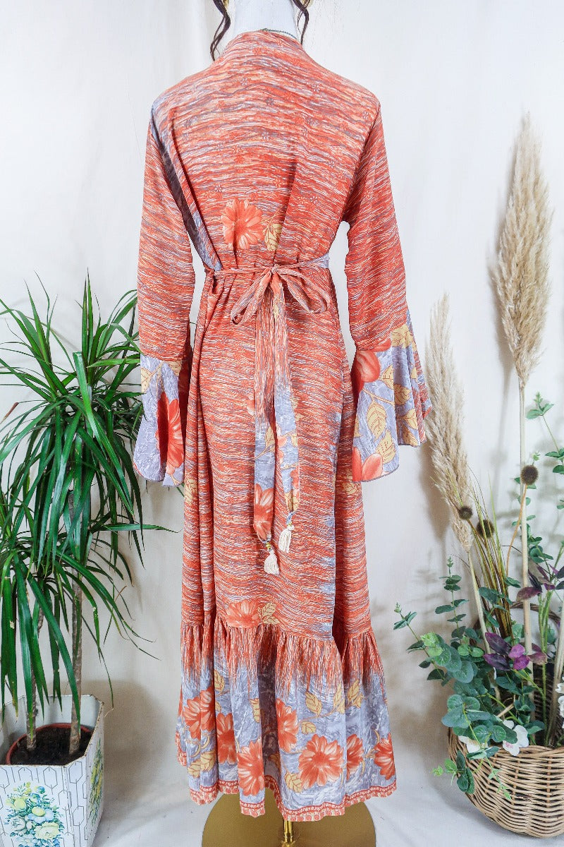 Sylvia Wrap Dress - Peach Marble Flora  - Vintage Sari - Size L/XL