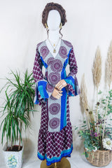 Sylvia Wrap Dress -  Beetroot and Cerulean Bold Motif - Vintage Sari - Size L/XL