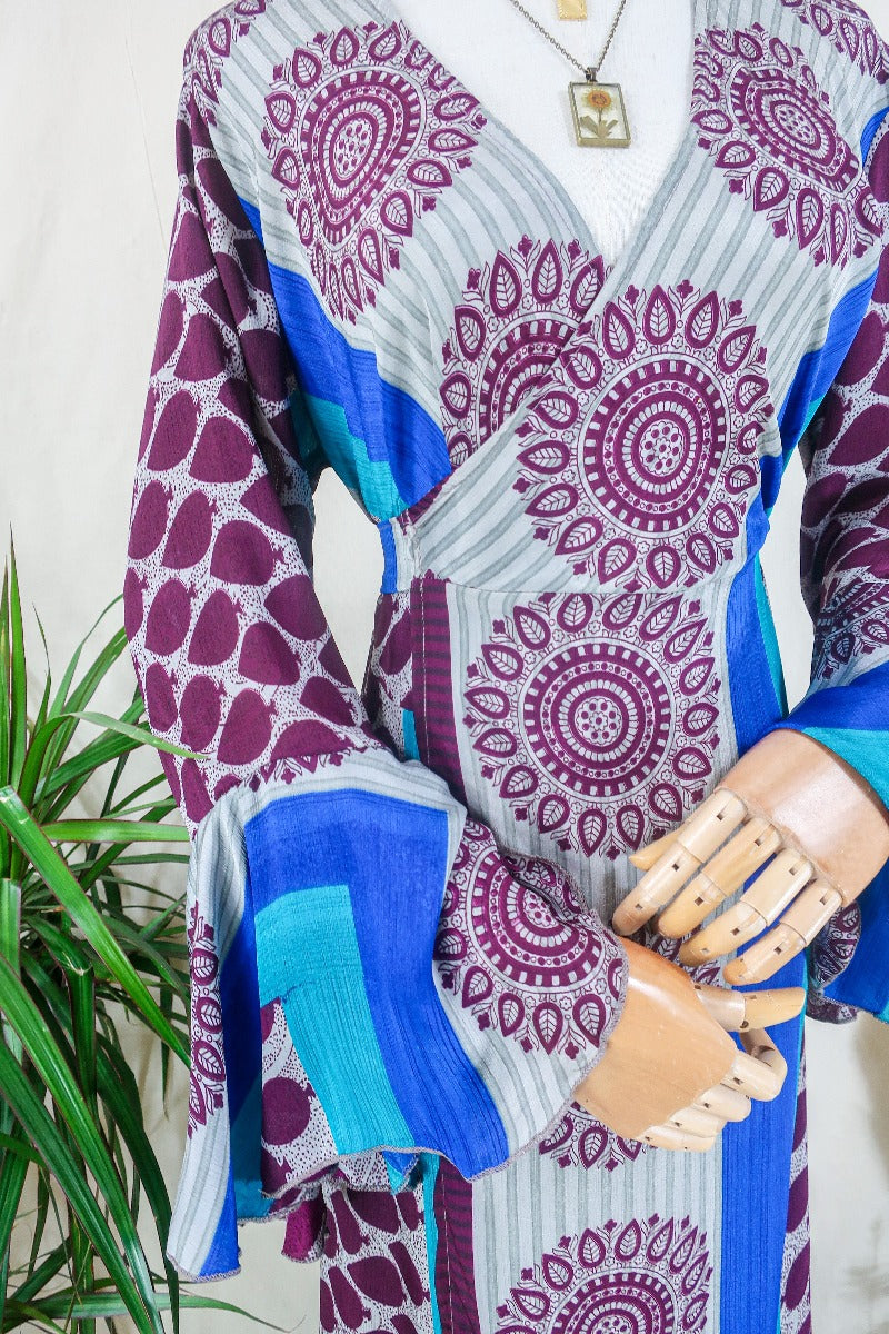 Sylvia Wrap Dress -  Beetroot and Cerulean Bold Motif - Vintage Sari - Size L/XL