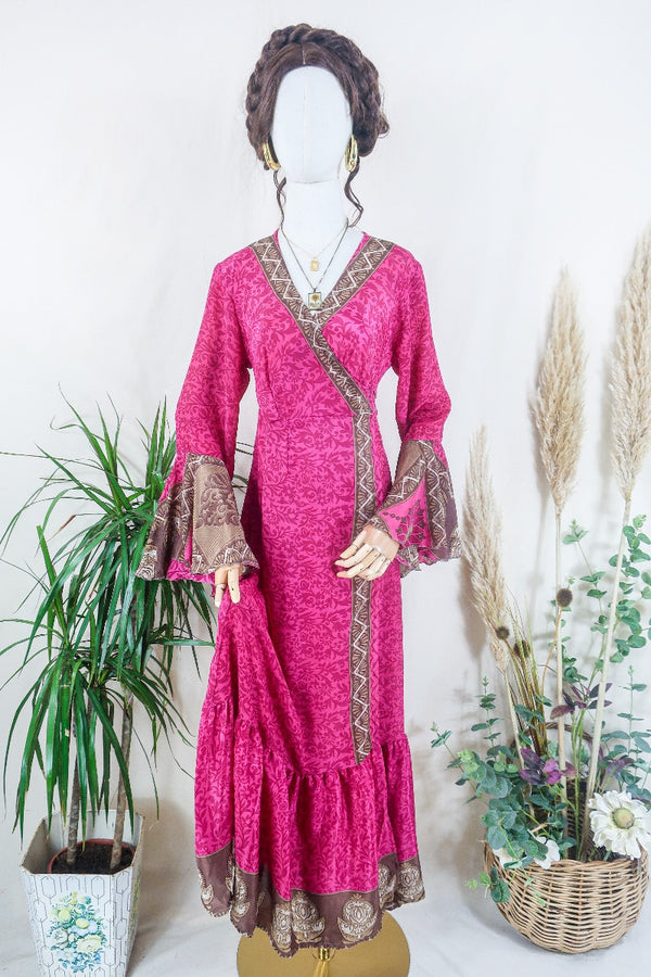 Sylvia Wrap Dress - Magenta and Cinnamon Gardenia - Vintage Sari - Size M/L