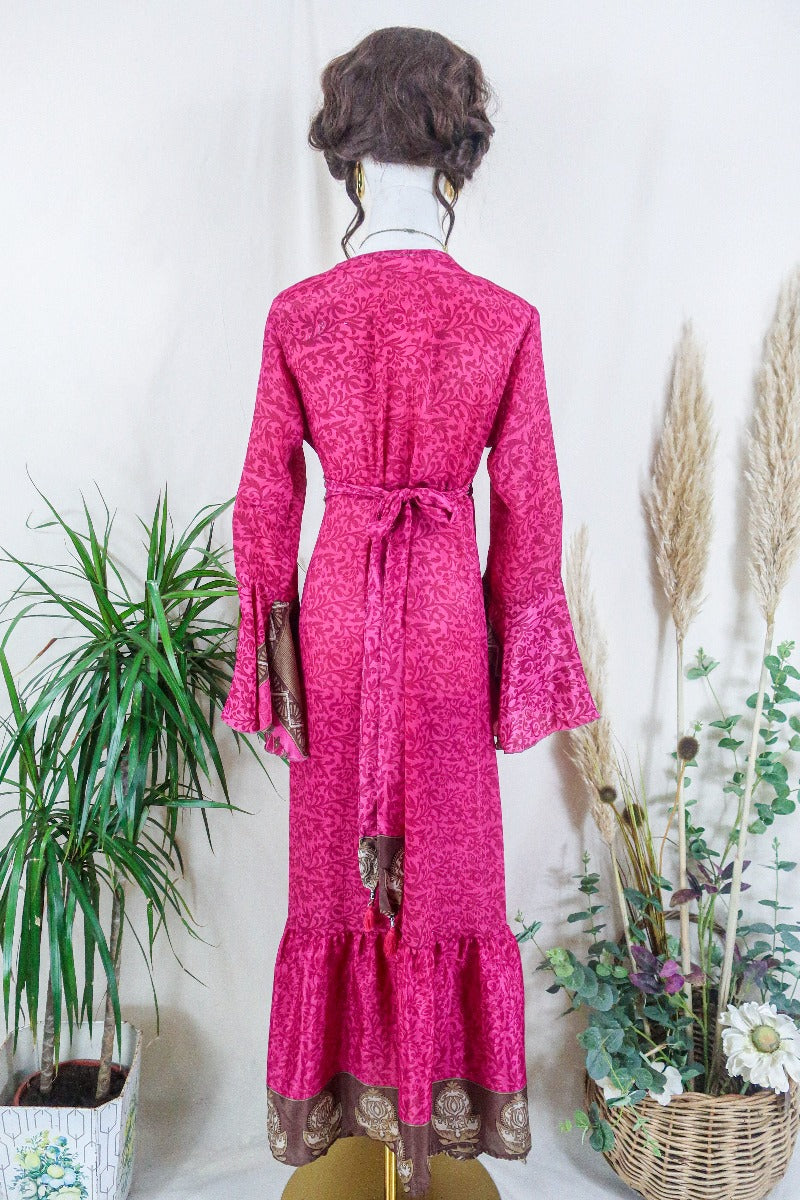 Sylvia Wrap Dress - Magenta and Cinnamon Gardenia - Vintage Sari - Size M/L