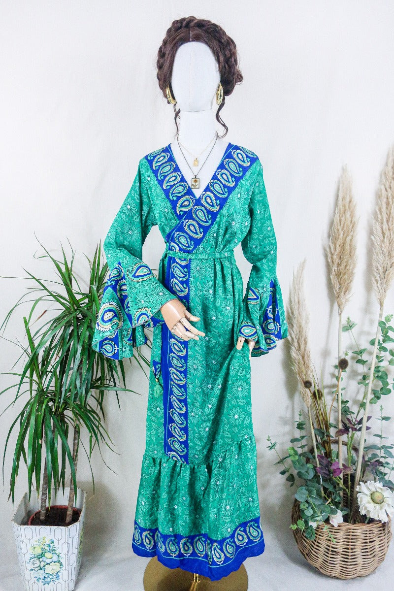 Sylvia Wrap Dress - Parakeet and Royal Blue Flora  - Vintage Sari - Size L/XL