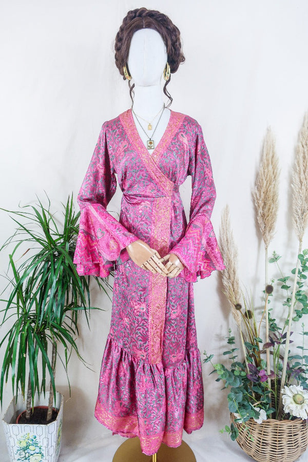 Sylvia Wrap Dress - Cerise and Rosemary Paisley Gardenia - Vintage Sari - Size M/L