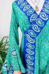 Sylvia Wrap Dress - Parakeet and Royal Blue Flora  - Vintage Sari - Size L/XL