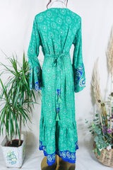 Sylvia Wrap Dress - Parakeet and Royal Blue Flora  - Vintage Sari - Size L/XL