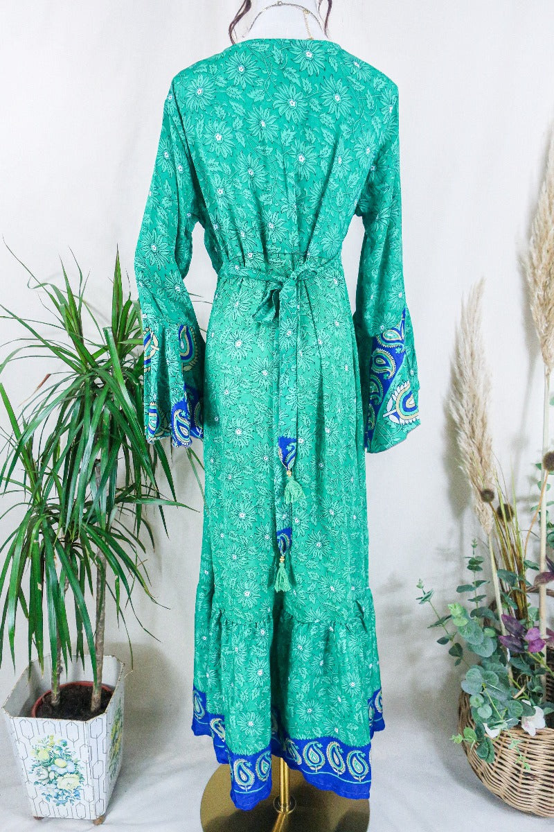 Sylvia Wrap Dress - Parakeet and Royal Blue Flora  - Vintage Sari - Size L/XL