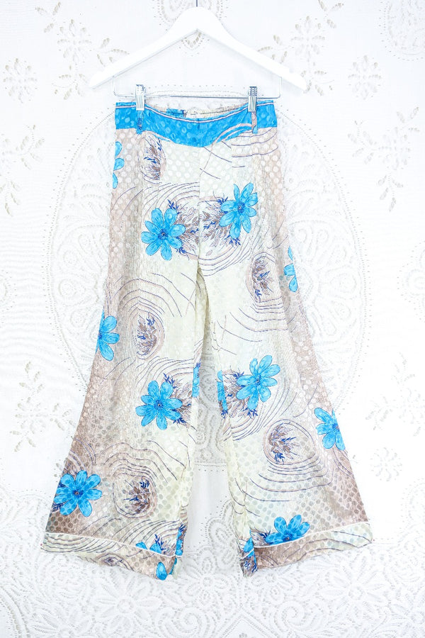 Tandy Wide Leg Trousers - Vintage Sari - Vanilla & Electric Blue Floral - Free Size S/M by all about audrey
