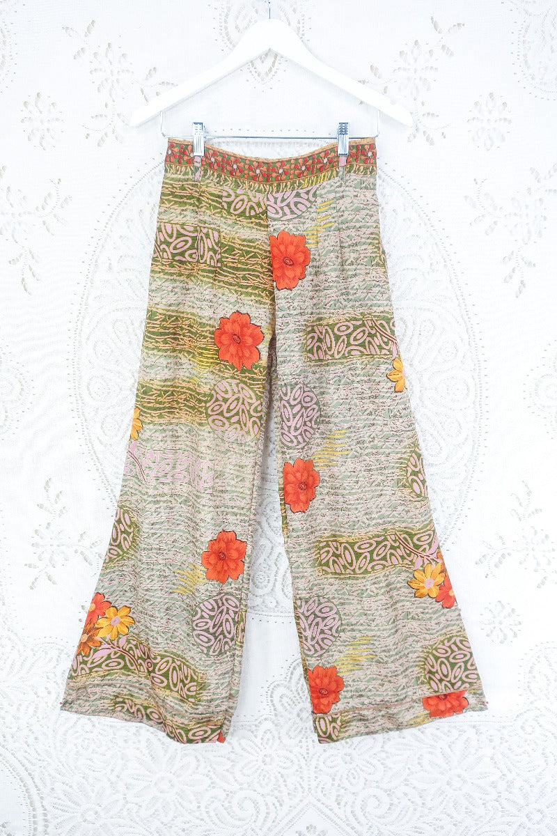 Tandy Wide Leg Trousers - Vintage Sari - Olive Green & Burnt Orange Floral  - Free Size S/M