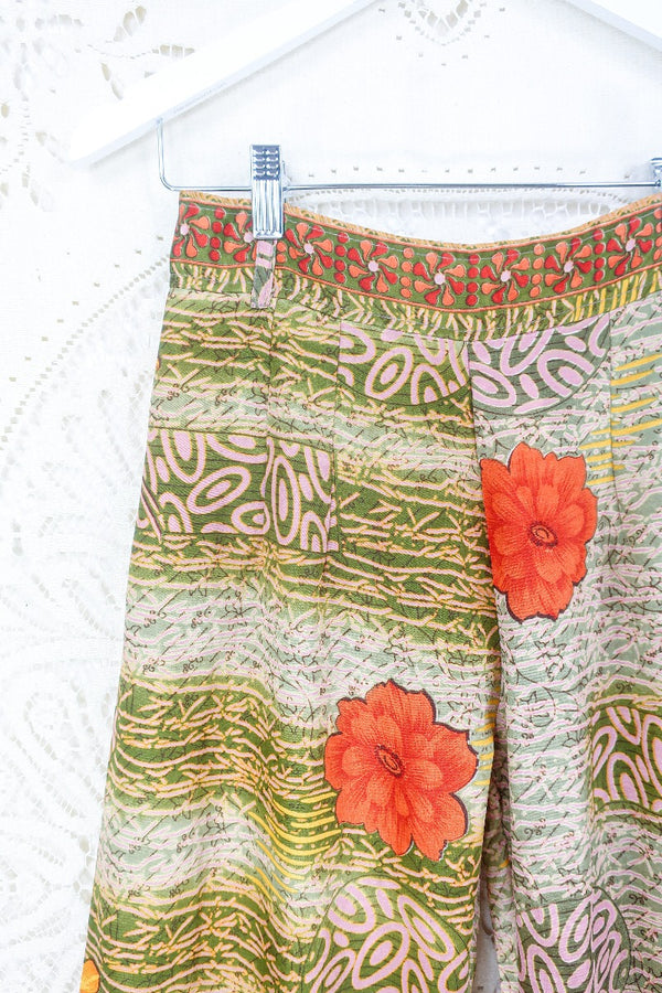 Tandy Wide Leg Trousers - Vintage Sari - Olive Green & Burnt Orange Floral - Free Size S/M by all about audrey