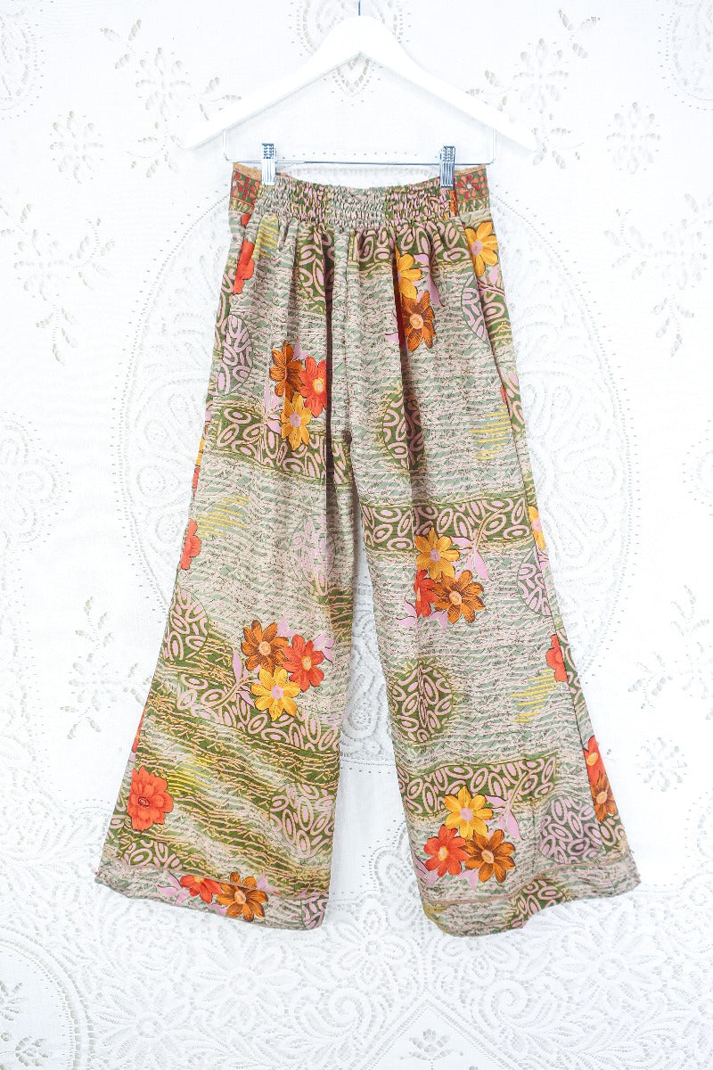 Tandy Wide Leg Trousers - Vintage Sari - Olive Green & Burnt Orange Floral  - Free Size S/M