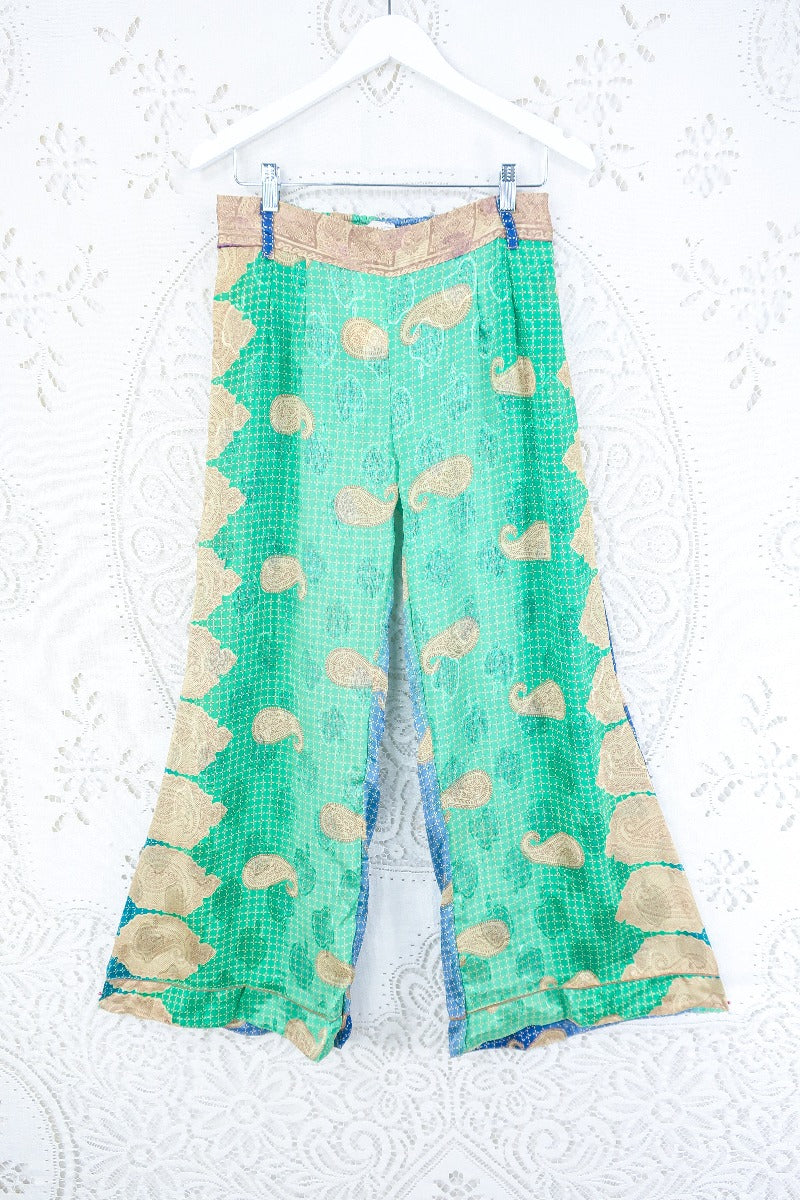 Tandy Wide Leg Trousers - Vintage Sari - Spring Green &Sky Blue Paisley - Free Size M/L by all about audrey