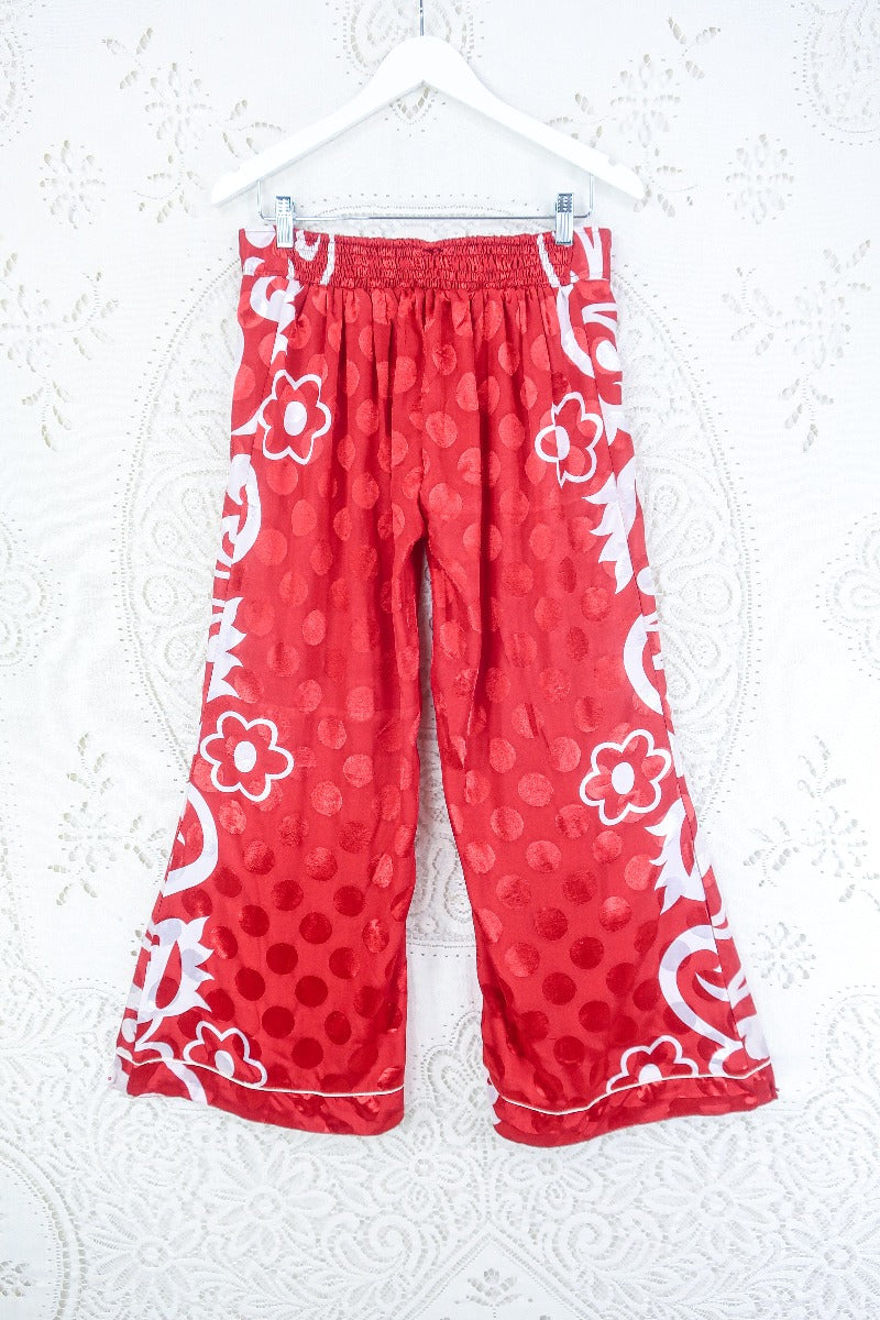 Tandy Wide Leg Trousers - Vintage Sari - Vivid Red & White Floral Shimmer -  Free Size M/L