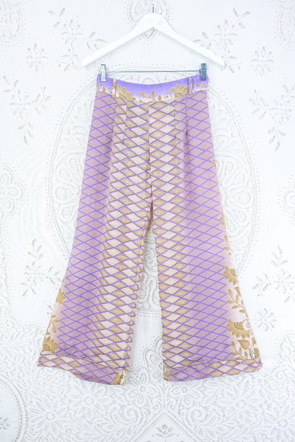 Tandy Wide Leg Trousers - Vintage Sari - Lilac, Mauve & Sand Diamonds - Free Size S/M by all about audrey