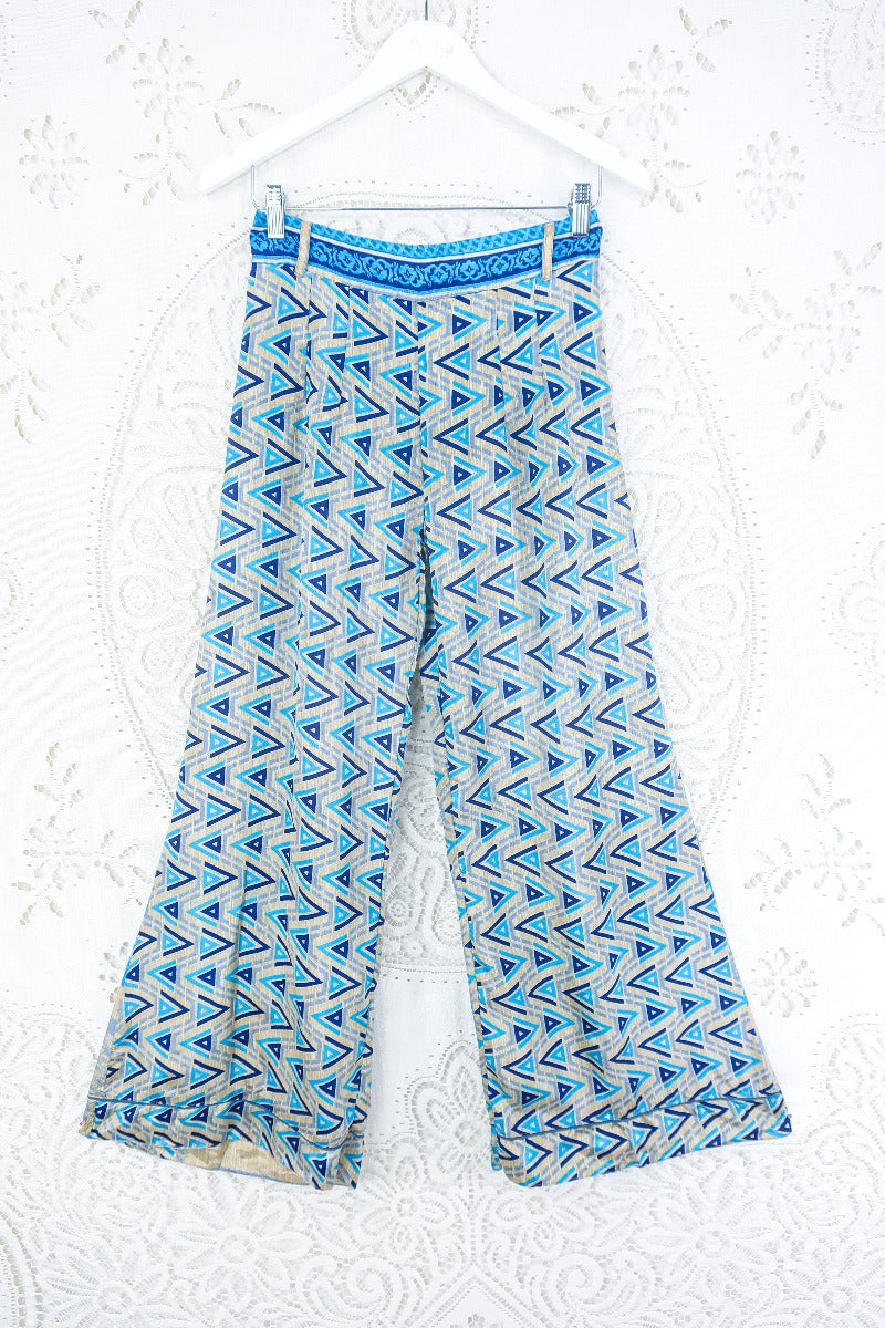 Tandy Wide Leg Trousers - Vintage Sari - Cerulean, Sand & Navy Geometric - Free Size M/L by all about audrey