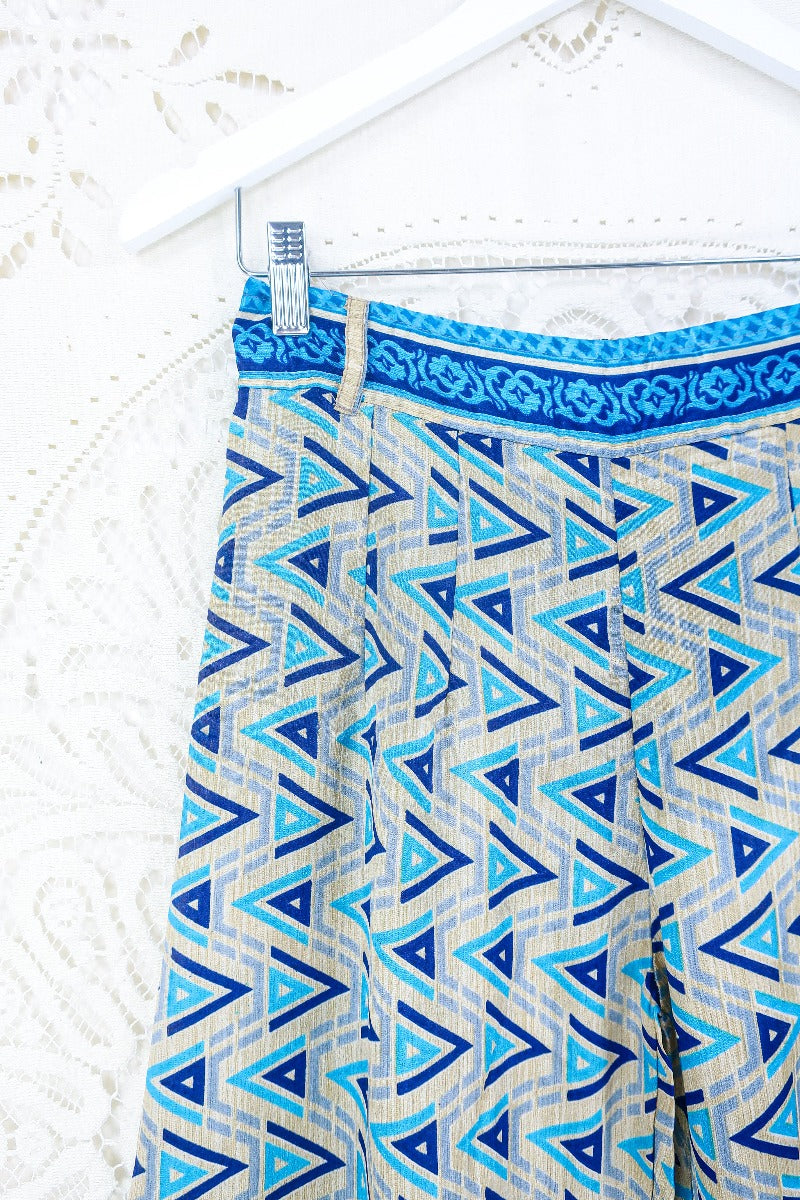 Tandy Wide Leg Trousers - Vintage Sari - Cerulean, Sand & Navy Geometric - Free Size M/L by all about audrey