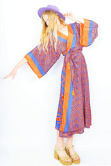 Aquaria kimono in tiger orange & cerulean handmade from recycled Indian sari - All About Audrey