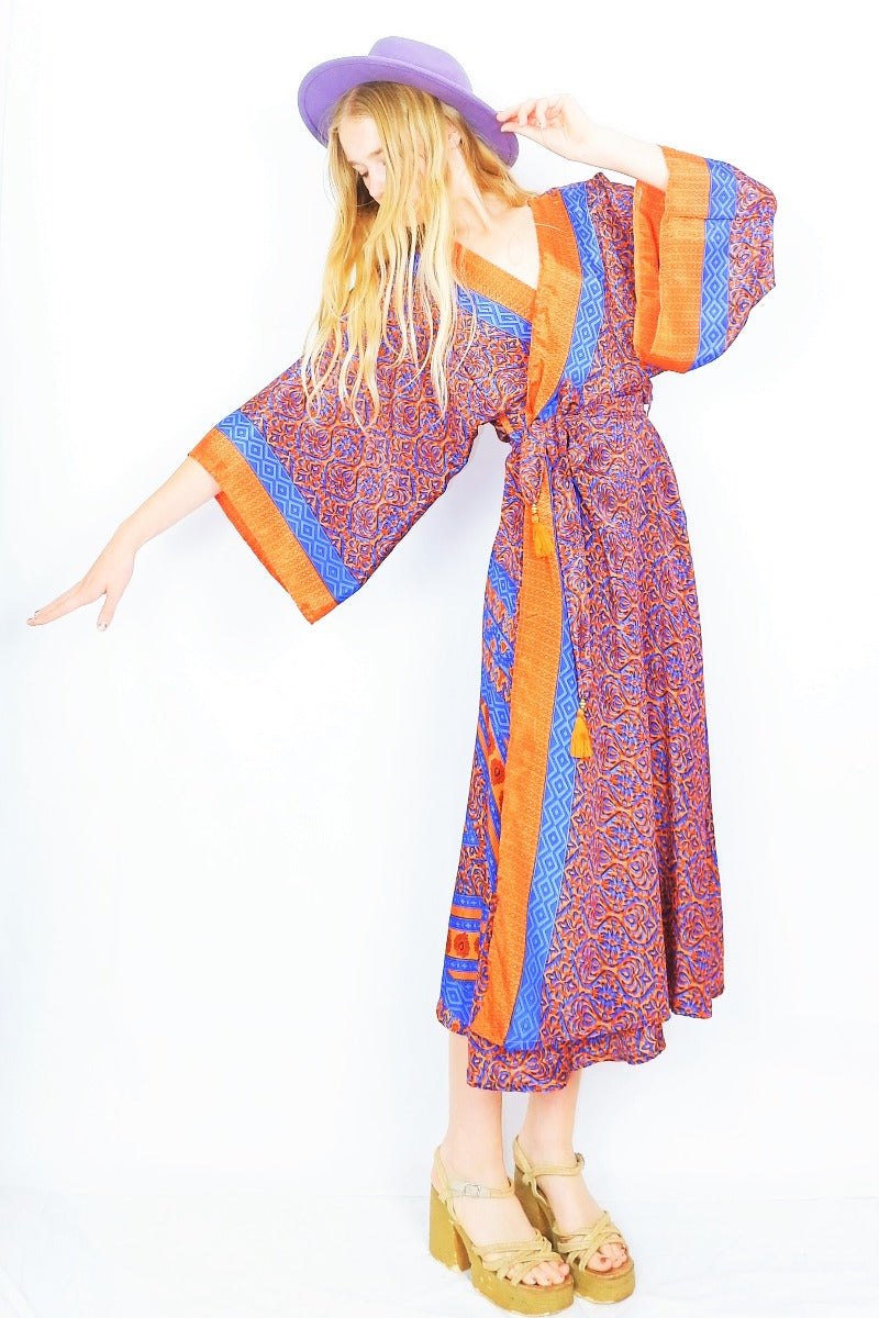Aquaria kimono in tiger orange & cerulean handmade from recycled Indian sari - All About Audrey
