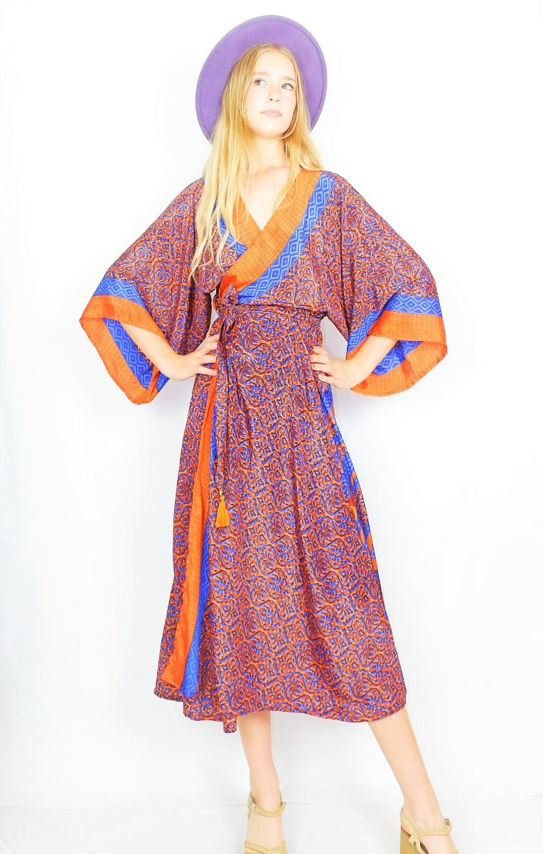 Aquaria kimono in tiger orange & cerulean handmade from recycled Indian sari - All About Audrey