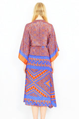Aquaria kimono in tiger orange & cerulean handmade from recycled Indian sari - All About Audrey