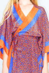 Aquaria kimono in tiger orange & cerulean handmade from recycled Indian sari - All About Audrey