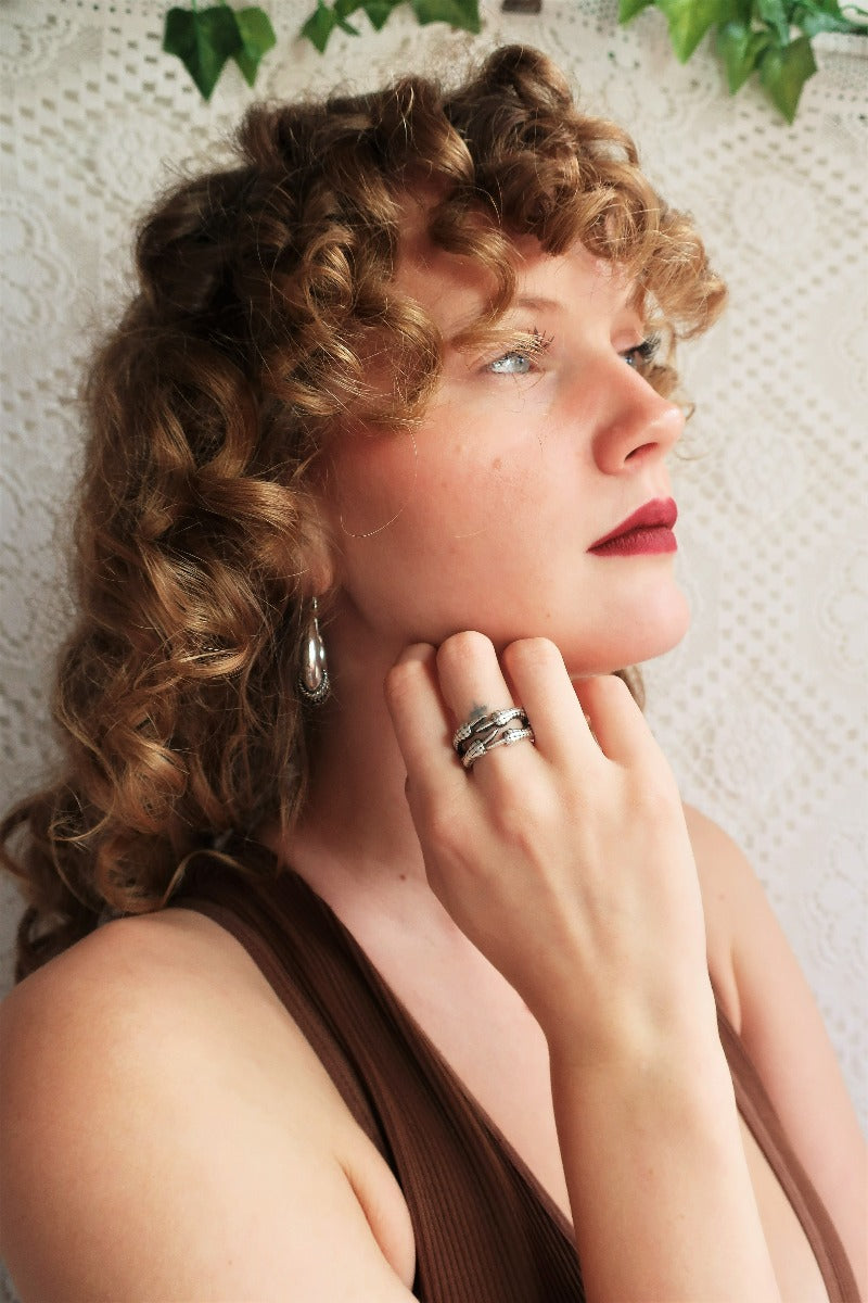 model wears silver plated talon ring with oxidised finish from our collection of turkish bohemian jewellery by all about audrey