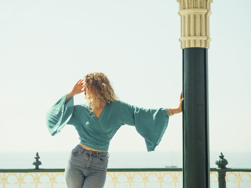 25% OFF Khroma Gemini Bell Sleeve Top in Teal Blue/Green - Free Size