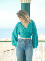 25% OFF Khroma Gemini Bell Sleeve Top in Teal Blue/Green - Free Size