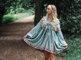 Joplin Frill Dress - Vintage Indian Sari - Mist, Prussian & Lemon Fleur De Lis - M/L